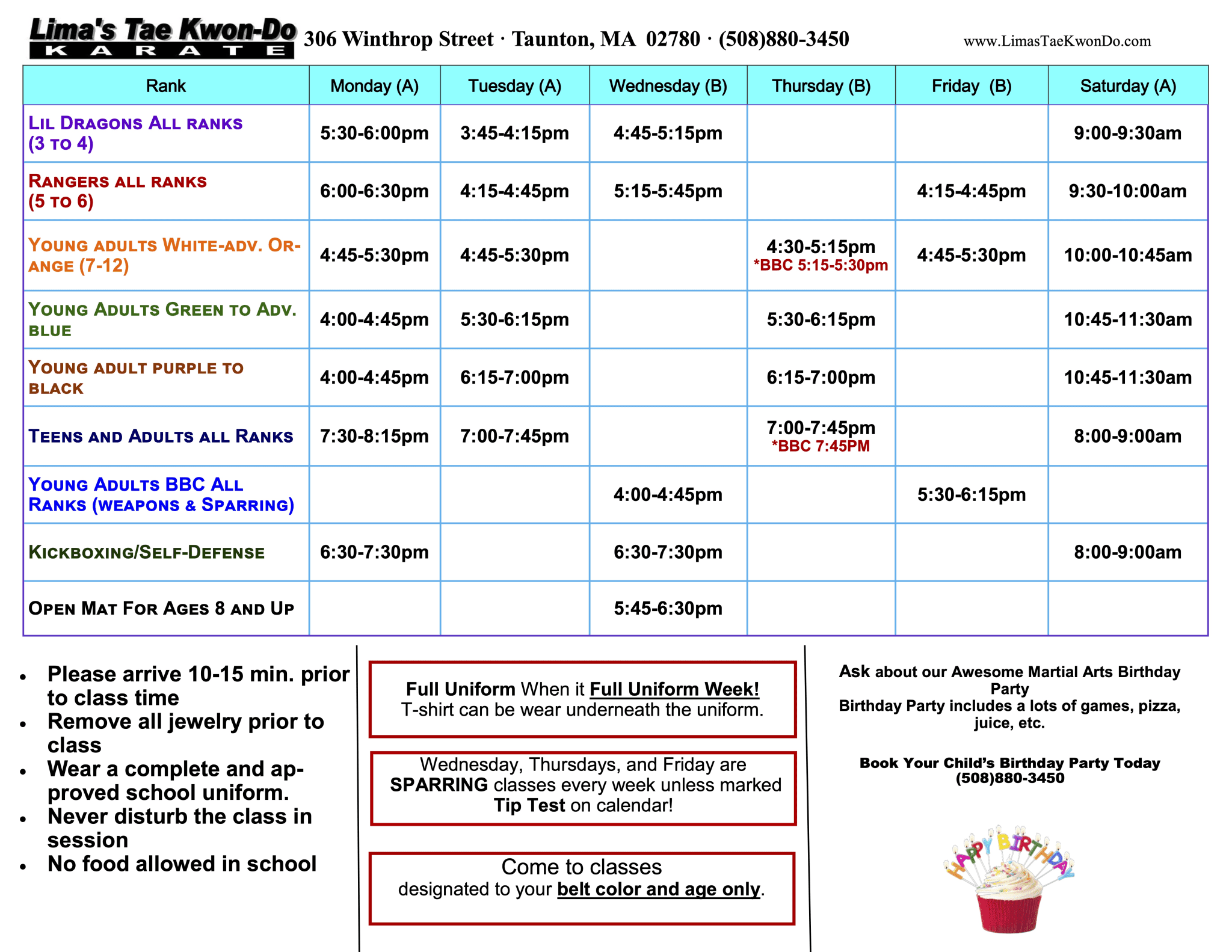 Lima's Tae Kwon-Do Schedule